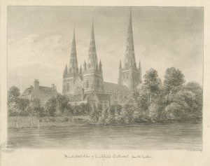 Catedral de Lichfield - Vista sudoeste: desenho em sépia de John Buckler