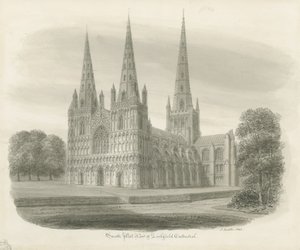 Catedral de Lichfield - Vista sudoeste: desenho em sépia de John Buckler