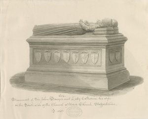 Igreja Maer - Monumento a Sir John Bowyer e Lady Catherine: desenho em sépia, 1843 de John Buckler