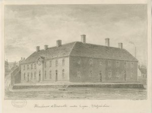 Newcastle-under-Lyme - Almshouses: desenho sépia, 1840 de John Buckler