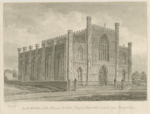 Newcastle-under-Lyme - Capela Católica Romana: desenho em sépia, 1840 de John Buckler
