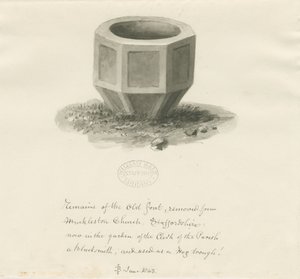 Fonte antiga da Igreja de Mucklestone: desenho de lavagem sépia, Jun 1843 (desenho) de John Buckler