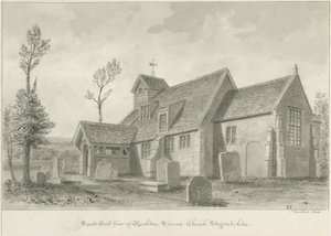 Igreja Rushton Spencer: desenho em sépia, 1844 de John Buckler