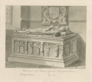 Seighford Church - Túmulo de William e Mercy Bowyer: desenho em sépia, 1842 de John Buckler