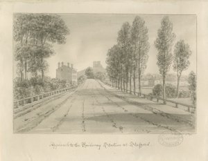 Stafford - Aproximação à Estação Ferroviária: desenho sépia de John Buckler