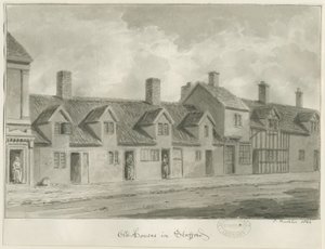 Stafford - Old Houses [in Eastgate Street]: desenho sépia, 1844 de John Buckler