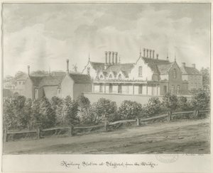 Stafford - Estação Ferroviária: desenho sépia, 1844 de John Buckler