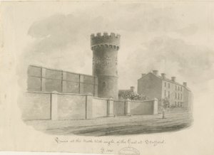 Stafford - torre redonda da prisão: desenho em sépia, 1843 de John Buckler