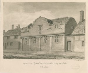 Tamworth - Grammar School: desenho em sépia, 1838 de John Buckler