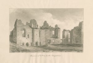 Castelo de Tutbury - Restos do pátio interno: desenho em sépia, 1812 de John Buckler