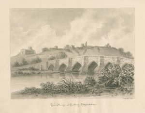 Castelo de Tutbury, Igreja e Ponte: desenho de lavagem sépia de John Buckler