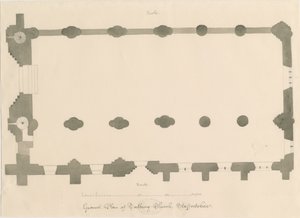 Igreja do Priorado de Tutbury - Plano: desenho a lápis e sépia, nd [?1812] (desenho) de John Buckler