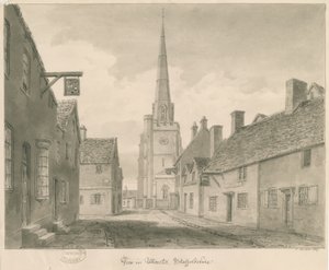 Uttoxeter Town - Vista de Rua: desenho sépia de John Buckler