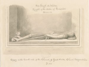 Igreja Weston-under-Lizard - Efígie de Sir Hugh de Weston: desenho em sépia, 1842 de John Buckler