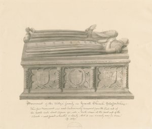 Igreja Yoxall - Monumento da família Welly: desenho em sépia de John Buckler