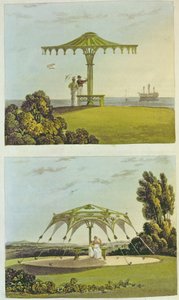 Dois assentos de jardim cobertos ornamentados de &39;Repository of Arts&39;, por Ackermann, 1822