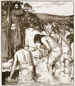 O Batismo em Tara, ilustração de "A Igreja da Inglaterra: Uma História para o Povo" por HDM Spence-Jones, pub. c.1910 (foto sépia) de John Byam Liston Shaw