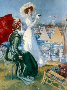 Belle epoque: "Young women following regates with binoculars" Litografia de John Cameron (século 20) Paris, Artes Decorativas