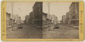 Estereógrafo da vista da Water Street olhando para o leste da State Street, Chicago, c.1870