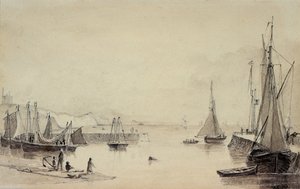 Porto de Folkestone com frete, Shakespeares Cliff à distância, século XIX de John Carpenter
