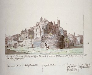 Bastião no ângulo de London Wall, St Giles sem Cripplegate Churchyard, City of London, 1779
