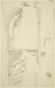 Detalhes da Janela Clerestory Tracery and Vaulting of the Aisle abaixo, em St Mary Redcliffe (lápis & aquarela sobre papel)