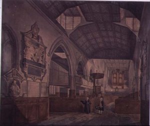 Vista interior da Igreja de St. Giles, Cripplegate, olhando para o oeste, mostrando o monumento de Constance Whitney