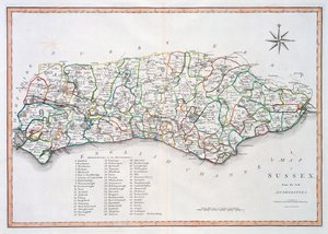 Mapa de Sussex, 26 de março de 1805 (gravura colorida à mão)