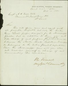 Carta assinada por J.C. Fremont, Major General Comandante, Quartel General, Departamento Ocidental, acampamento perto de Tipton, ao Capitão A.H. Foote, Comando das Forças Navais H.D., St. Louis, 11 de outubro de 1861 de John Charles Frémont