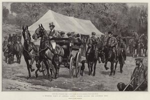 Uma festa de tiro no castelo Lowther, os convidados saindo da tenda do almoço