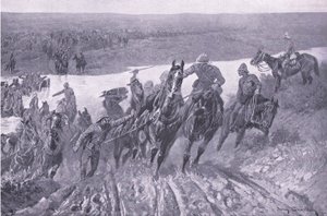 Artilharia, fording, a, caledon, em, karreepoort, drift, ilustração, de, após, pretoria :, a, guerrilha, guerra, 1902 de John Charlton