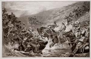 The Dash for Kimberley - O 10º Hussars Crossing Klip Drift, depois de um esboço de GD Giles (fl.1890) de John Charlton