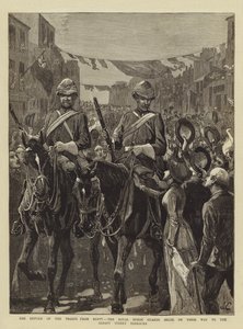 O retorno das tropas do Egito, o Royal Horse Guards (azul) em seu caminho para o Quartel da Rua Albany