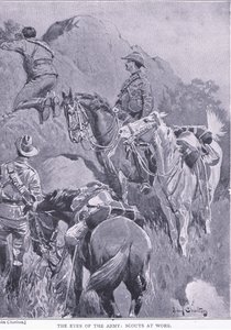 Os olhos do exército, batedores no trabalho, de After Pretoria: The War Guerilla publicado pela Harmsworth Bros Limited, 1901