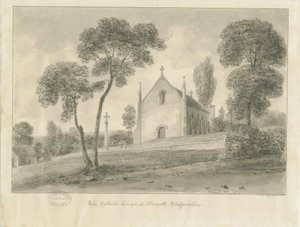 Cresswell - Capela Católica Draycott-in-the-Moors: desenho em sépia, 1841 de John Chessell Buckler