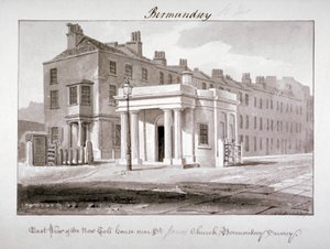 Vista leste da nova casa de pedágio perto da Igreja de St James, Bermondsey, Londres, 1827. de John Chessell Buckler