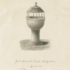 Fonte em Draycott na Igreja dos Mouros: desenho sépia de John Chessell Buckler
