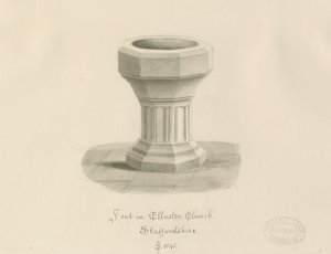 Fonte na Igreja Ellastone: desenho em sépia de John Chessell Buckler