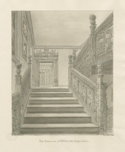 Interior do Blithfield Hall: desenho sépia de John Chessell Buckler