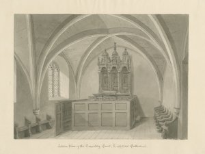 Interior da Catedral de Lichfield - Corte de Consistório: desenho sépia de John Chessell Buckler