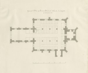 Lichfield - Planta Baixa da Igreja de São Miguel: desenho com caneta e sépia de John Chessell Buckler