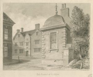Lichfield - Escola de Menores e Conduit: desenho sépia de John Chessell Buckler