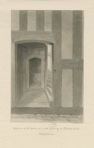 Pillaton Hall - Interior do Gatehouse: desenho sépia de John Chessell Buckler