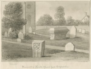 Igreja do Rocester - Monumentos e Jarda da Igreja: desenho sépia de John Chessell Buckler