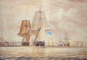 HMS &39;Shannon&39; liderando o &39;Chesapeake&39; em Halifax Harbour, 1813 de John Christian Schetsky