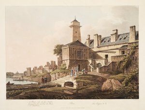 Paris, viatura de incêndio, ilustração de Versalhes, Paris e Saint Denis, bar. 1809 (aquatinta) de John Claude Nattes