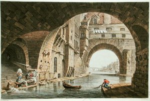 O local de lavagem do Hotel-Dieu e da Pont de la Tournelle, gravado por I. Hill, 1810 (aquatint) de John Claude after Nattes