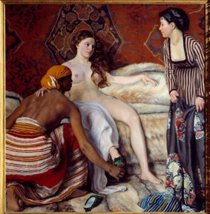 Orientalismo: "A casa de banho" Uma jovem mulher branca assistida pelas suas duas donzelas tem a sua casa de banho. Pintura de Frederic Bazille (1841-1870) 1869 Sol. 1,32x1,27 m Montpellier, Musee Fabre
