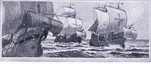 A última viagem de Henry Hudson-1610. Lido à deriva por uma tripulação amotinada, Newnes Pictorial Knowledge publicada por Newnes, c.1950s de John Collier