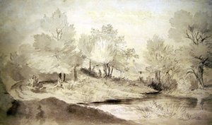 Um lago de Suffolk, com Cottages in the Distance (lápis e lavagem em papel) de John Constable